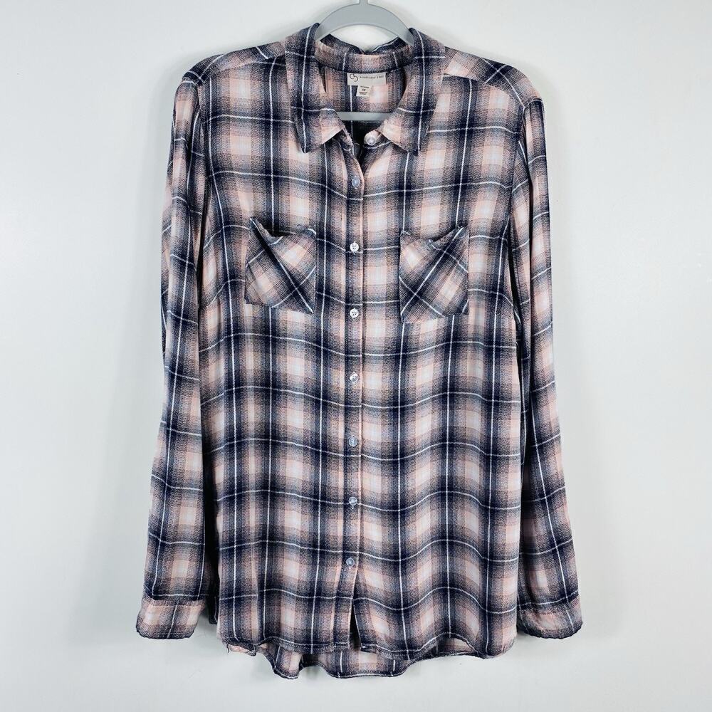 Dressbarn Plus Size 1X Plaid Long Sleeve Top Navy Blue Pink